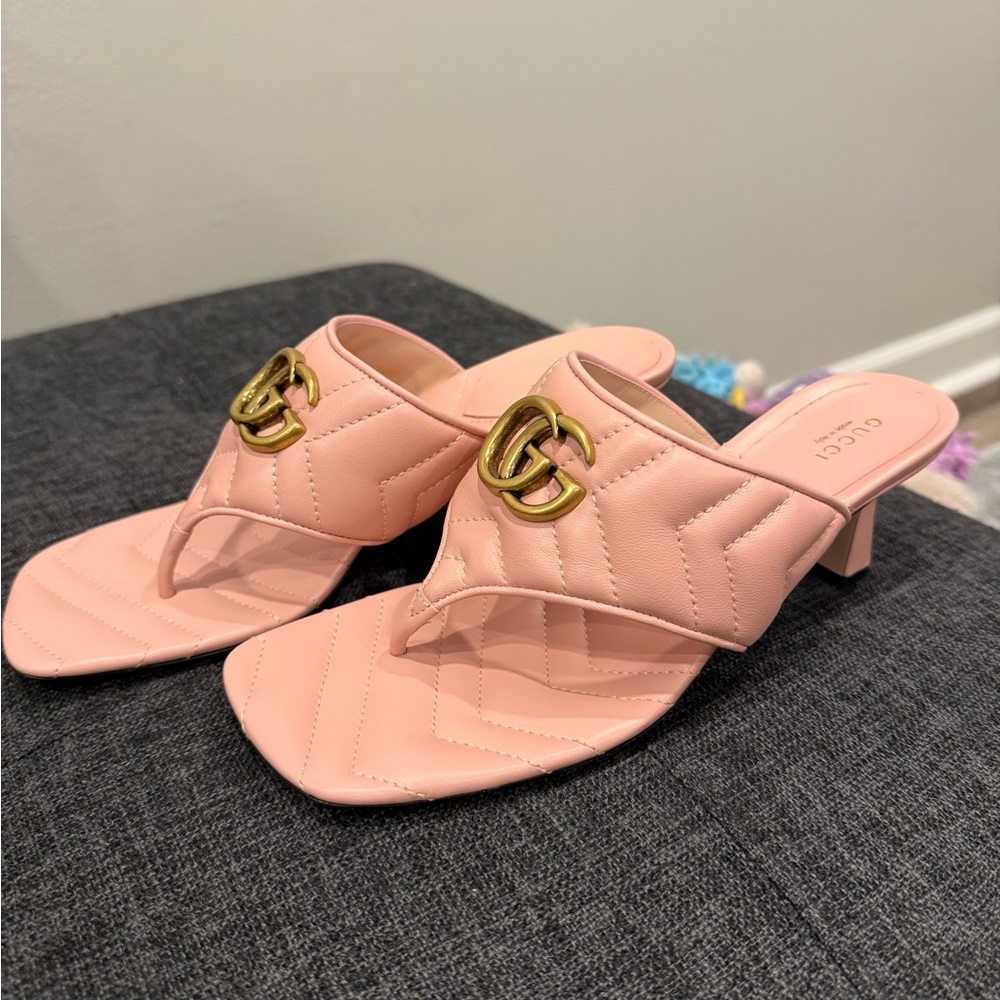 Gucci Pink Mules with Gold GG Logo